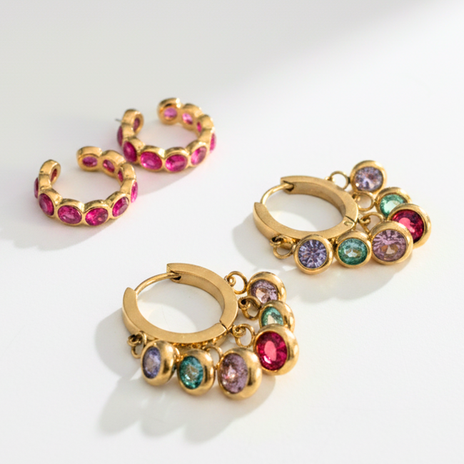 Pop Of Paradise Combo set with gold drop hoops and pink ear cuffs, anti-tarnish and waterproof.