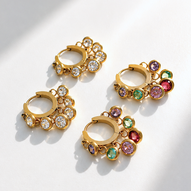 Royal Exotic Huggies Duo set with white and multicolour stone huggie earrings, anti-tarnish and waterproof.