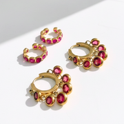 Ruby Rose Set with gold huggie earrings and pink stone ear cuffs in 18K gold plating.