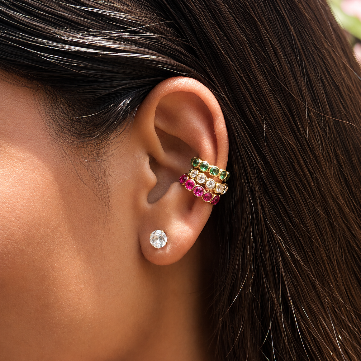 Serene Ear Cuff Pink with sparkling stones, perfect for festive, occasion, and party wear.