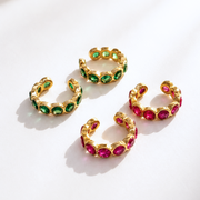 Tropical Pop Duo pink and green stone ear cuffs in 18k gold-plated stainless steel, perfect for festive and party wear.