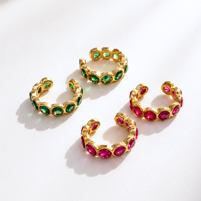 Tropical Pop Duo pink and green stone ear cuffs in 18k gold-plated stainless steel, perfect for festive and party wear.
