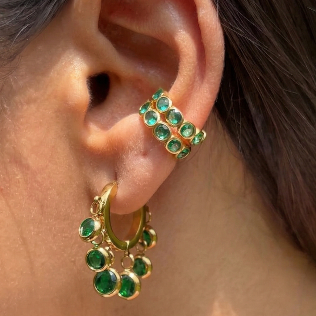 Serene Ear Cuff with emerald green stones in anti-tarnish 18k gold plating