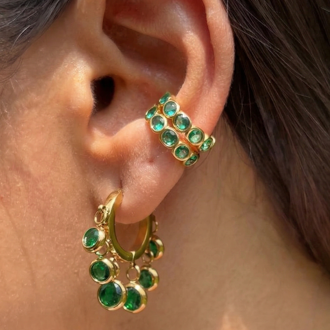 Serene Ear Cuff with emerald green stones in anti-tarnish 18k gold plating