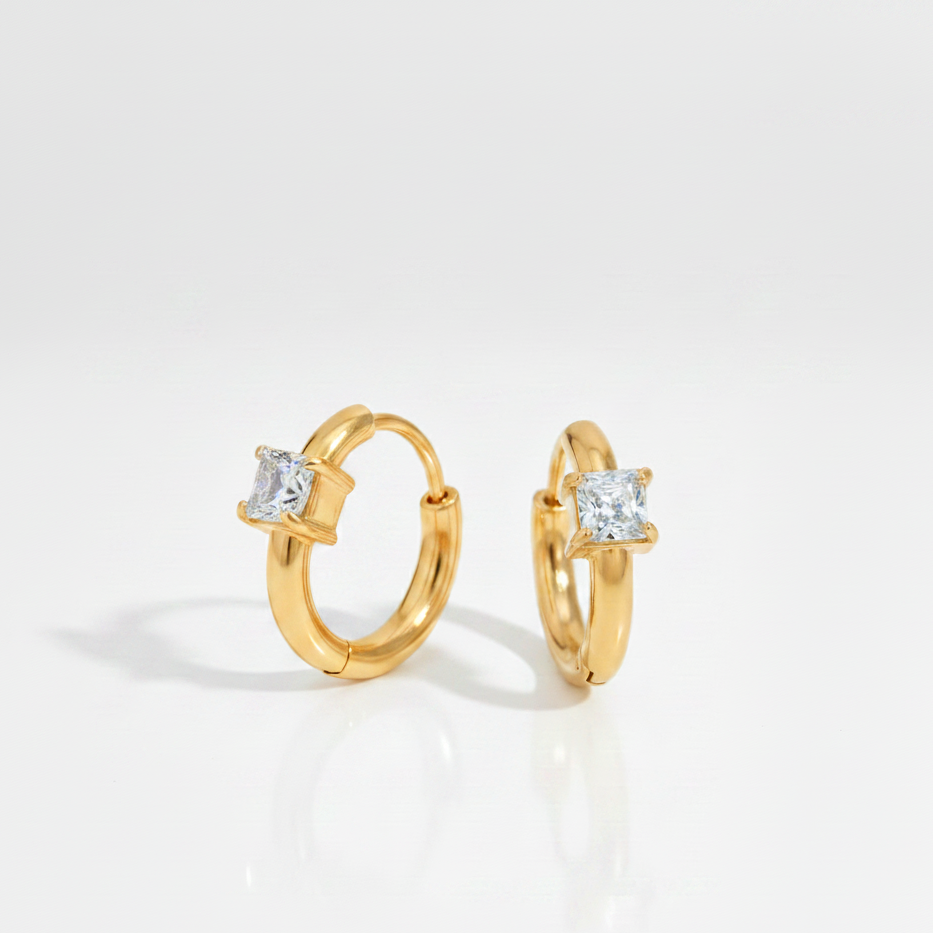 Aura Gem Hoops displaying the 18K gold-plated design and dazzling square-cut gem detailing crafted for daily wear in India.