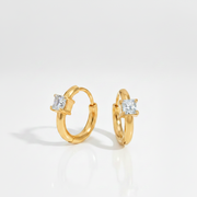 Aura Gem Hoops displaying the 18K gold-plated design and dazzling square-cut gem detailing crafted for daily wear in India.