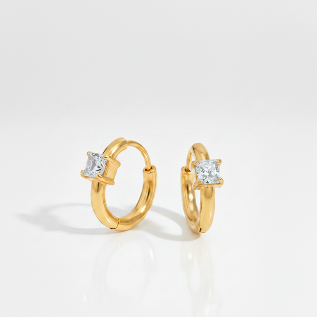 Aura Gem Hoops displaying the 18K gold-plated design and dazzling square-cut gem detailing crafted for daily wear in India.