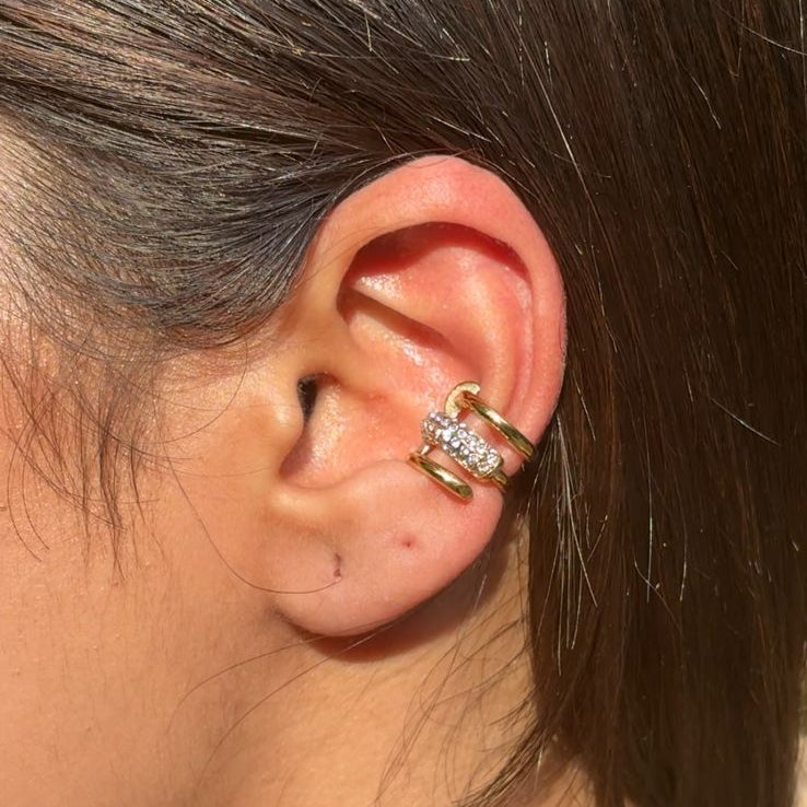 Aura gold ear cuff worn on ear – bestselling stackable ear cuff jewellery India
