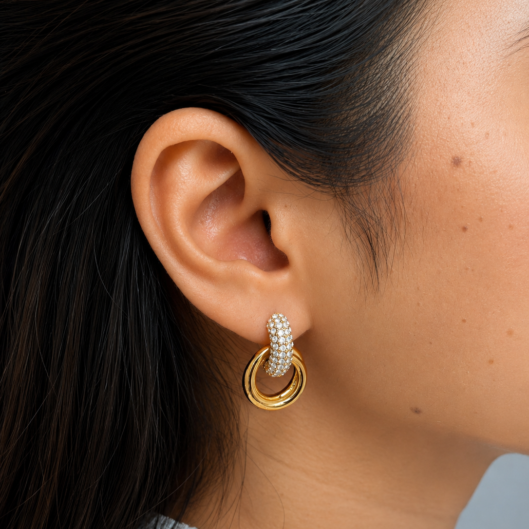 Bella Sparkle Hoops, highlighting the comfortable daily wear design and anti-tarnish gold finish popular in India.