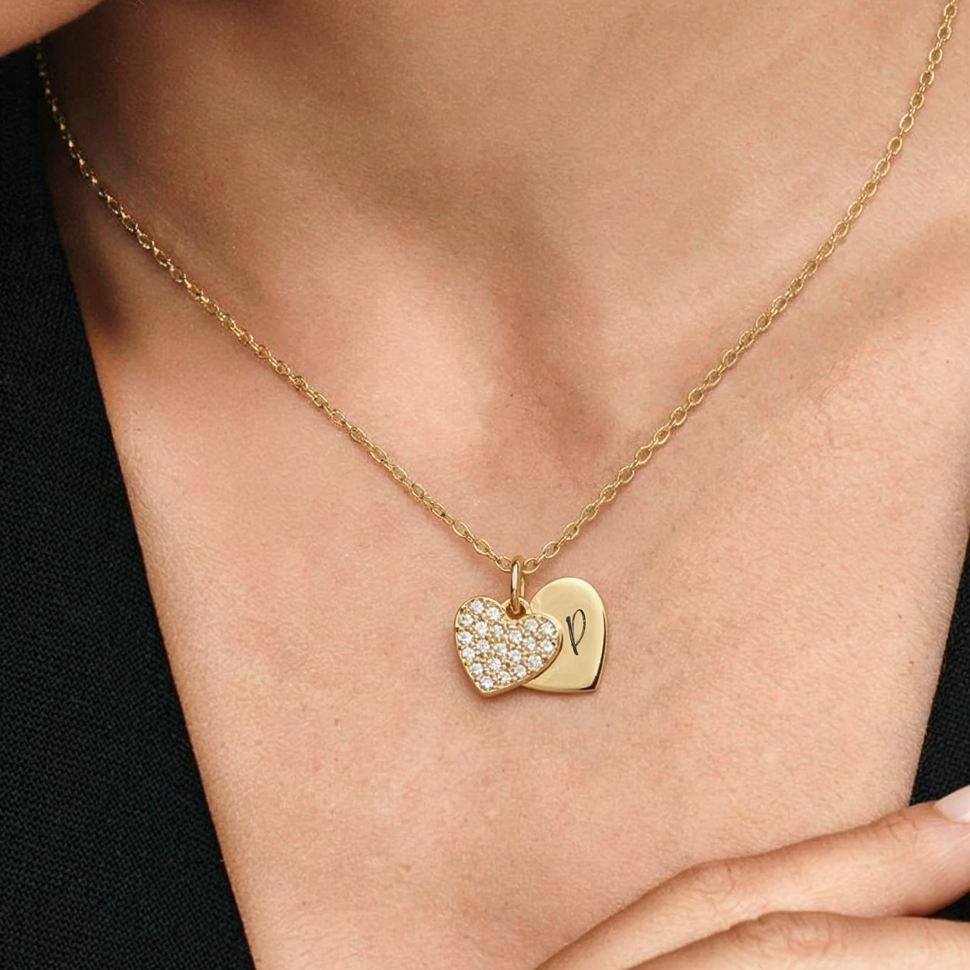 Personalised engraved double heart gold necklace – Bound by Love custom couple necklace India