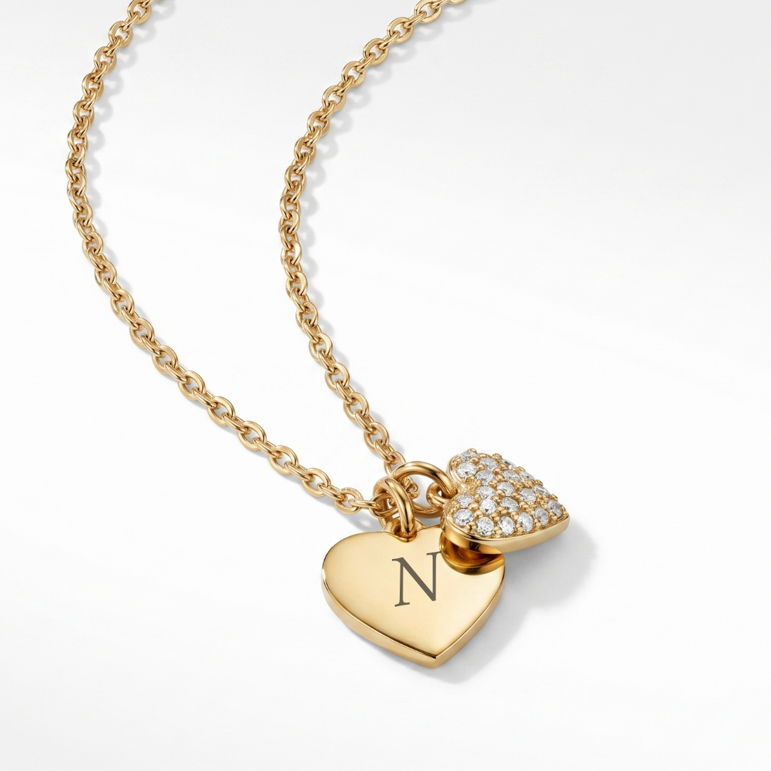 Personalised engraved double heart gold necklace – Bound by Love custom couple necklace India