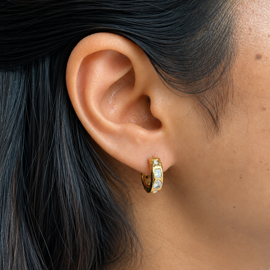 Crystal Charm Mini Hoops styled to showcase a clean classy look, highlighting the lightweight and anti-tarnish durability popular in India.