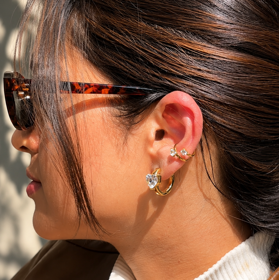 Cupid Ear Cuff styled on ear – arrow-inspired gold ear cuff India