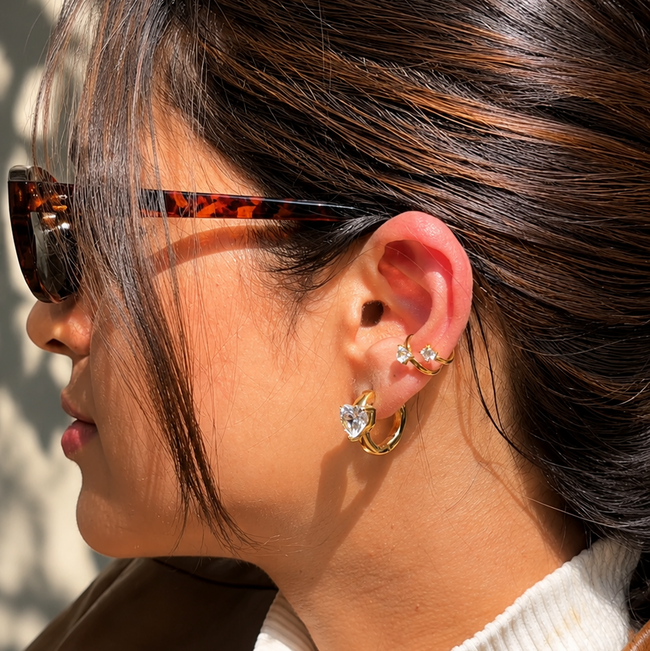 Cupid Ear Cuff styled on ear – arrow-inspired gold ear cuff India