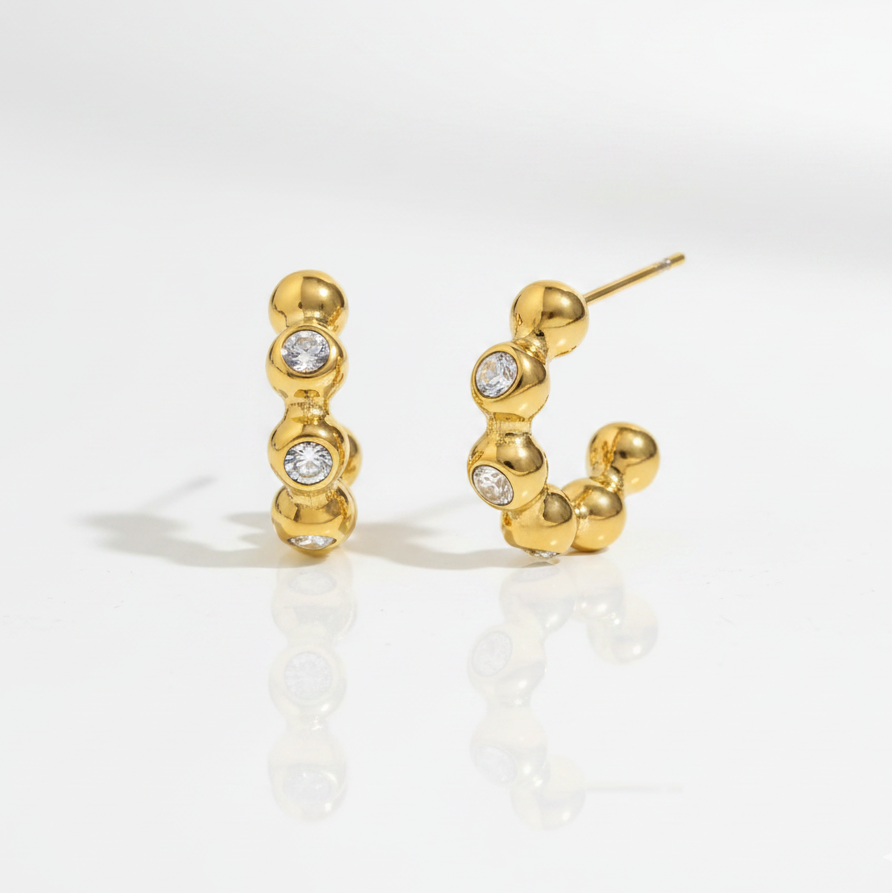 Eden Hoops displaying a waterproof 18K gold-plated beaded design interspersed with clear crystals crafted for everyday wear in India.