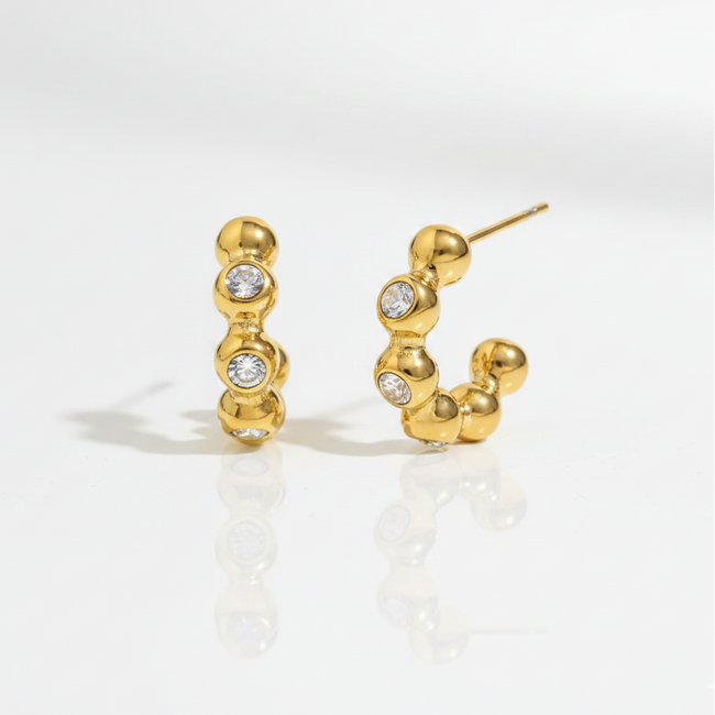 Eden Hoops displaying a waterproof 18K gold-plated beaded design interspersed with clear crystals crafted for everyday wear in India.