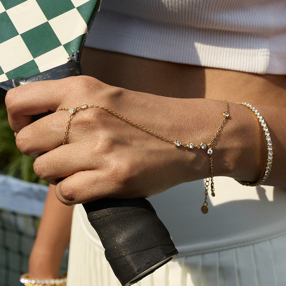 Elina hand chain close-up on wrist – anti-tarnish hand chain bracelet women India