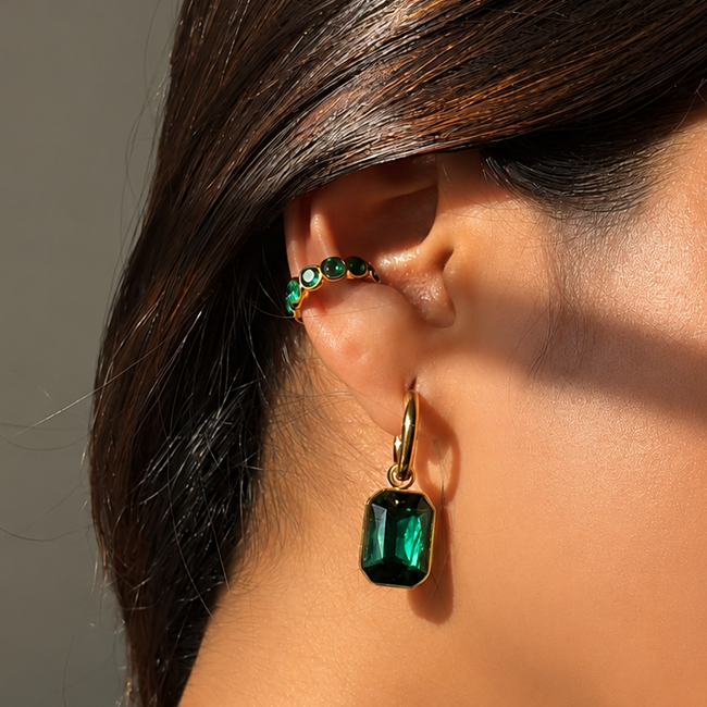 Emerald Love Combo showcasing the durable 18K gold Emerald Drops paired with a single Serene Ear Cuff.