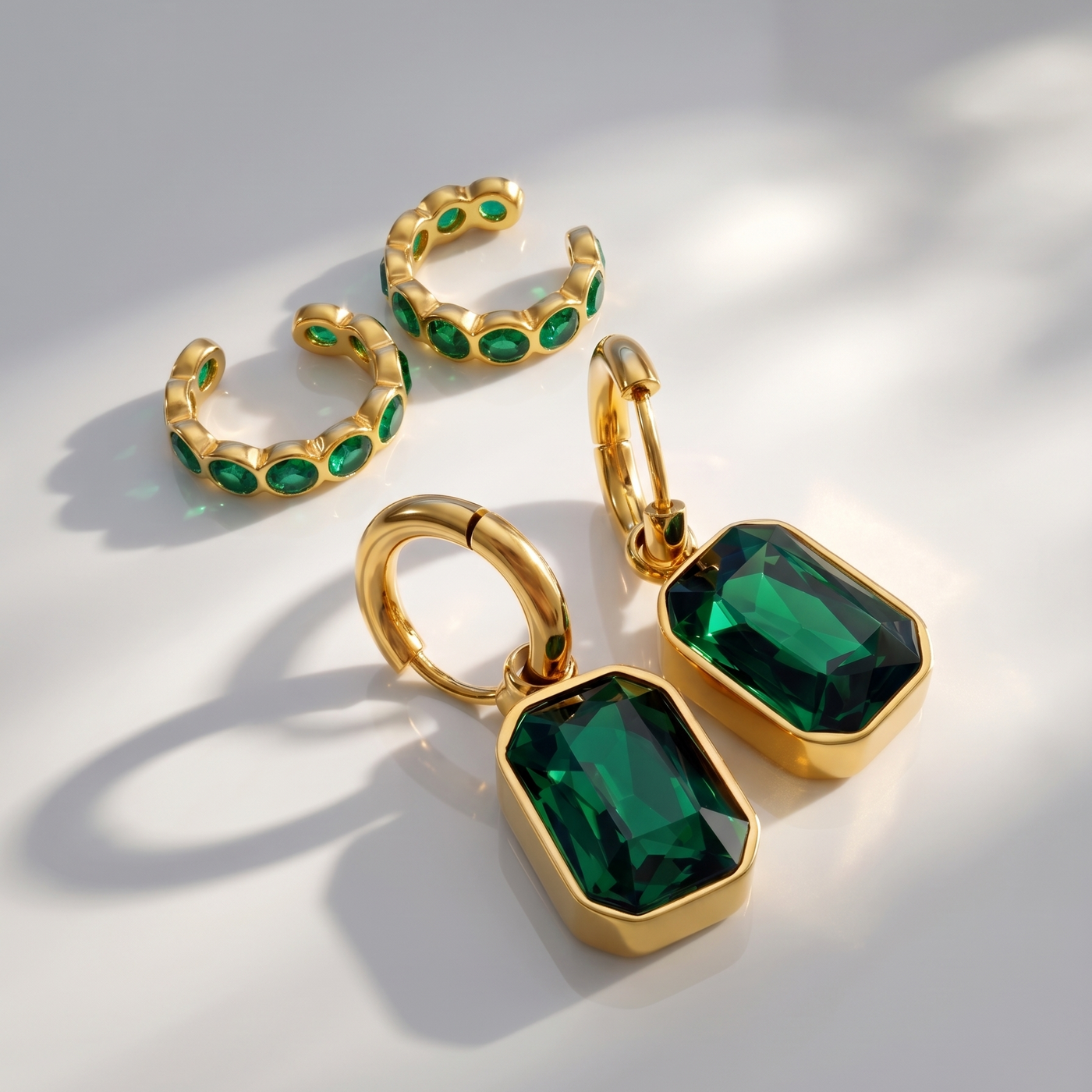Emerald Love Combo bundling our waterproof Serene Ear Cuffs and 18K gold Emerald Drops earrings.