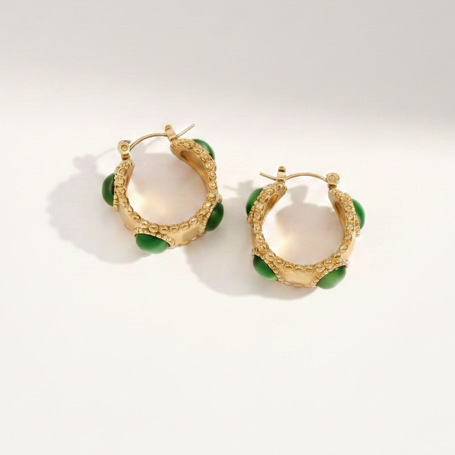 Emerald Studded Hoops revealing the secure clasp and lightweight, durable gold construction designed for everyday statement styling in India.