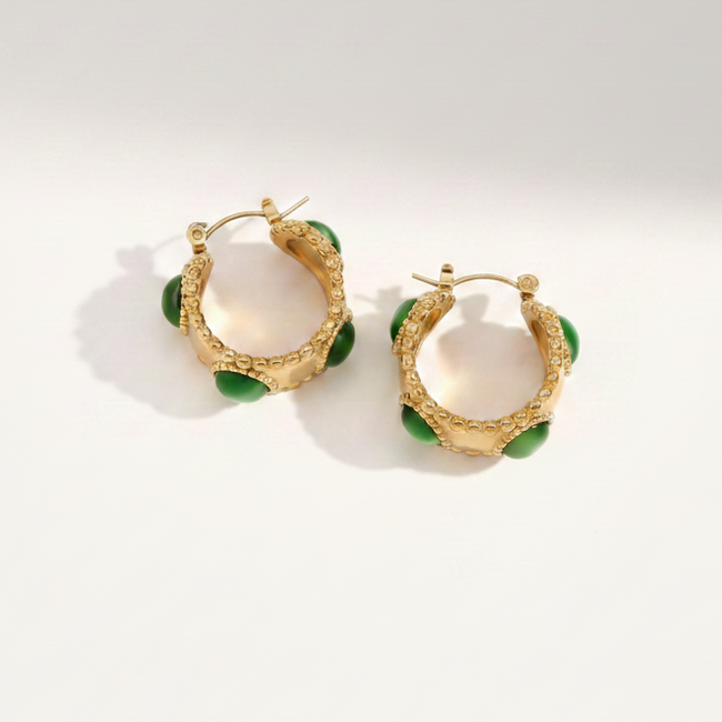 Emerald Studded Hoops revealing the secure clasp and lightweight, durable gold construction designed for everyday statement styling in India.