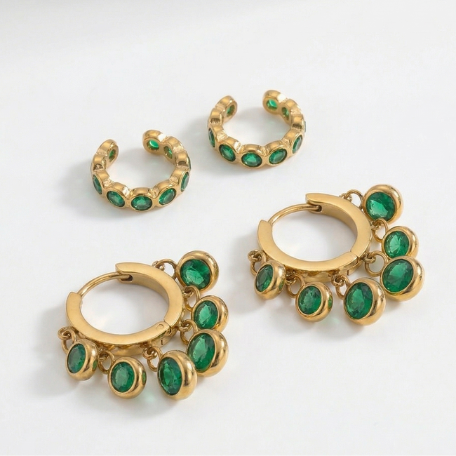 Eternal Emeralds Combo featuring emerald stone huggie earrings and a matching ear cuff for a refined ear stack