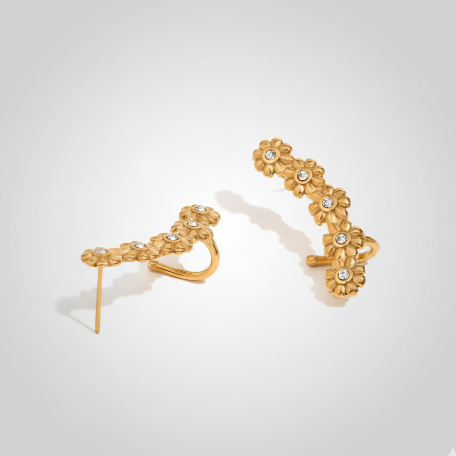 Floral Cascade Earrings revealing the durable anti-tarnish gold hook backing and graceful ear crawler silhouette designed for an elegant statement look in India.
