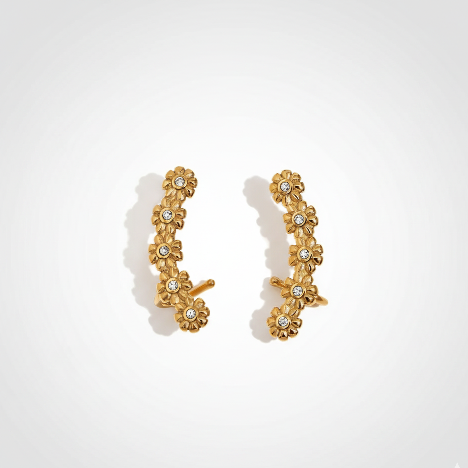 Floral Cascade Earrings displaying a waterproof 18K gold-plated ear climber design with crystal-studded flowers crafted for elevated everyday wear in India.