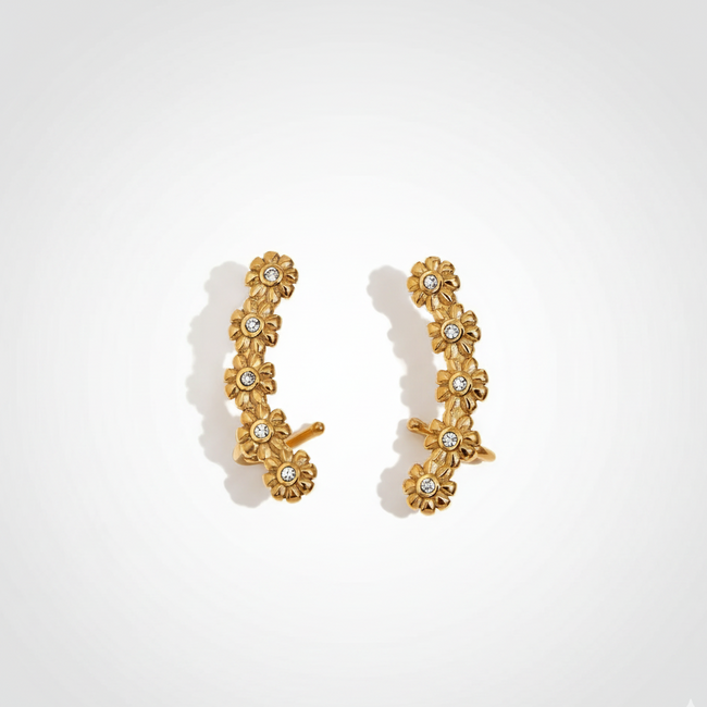 Floral Cascade Earrings displaying a waterproof 18K gold-plated ear climber design with crystal-studded flowers crafted for elevated everyday wear in India.