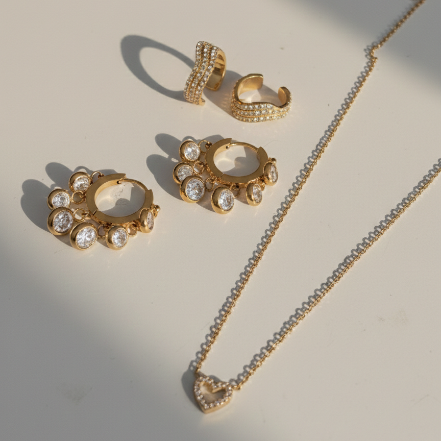 Glimmer glow premium jewellery set - gold earrings necklace bracelet bundle for women India