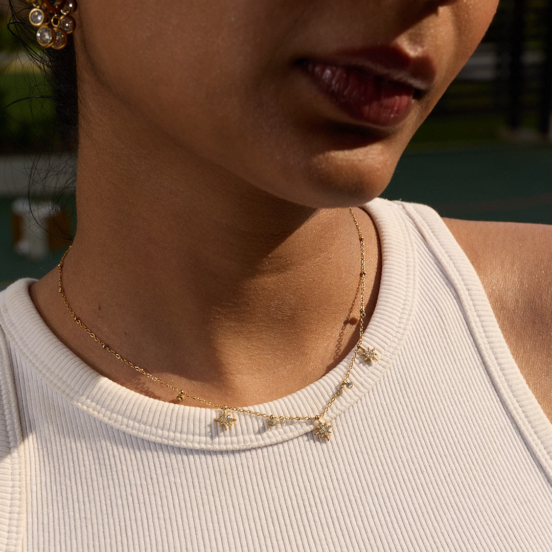 Golden stardust combo worn by Indian woman - festive jewellery bundle India