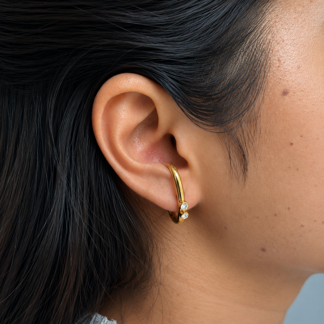 It Girl Earrings styled seamlessly for a clean modern look, highlighting the lightweight and anti-tarnish suspender fit popular in India.