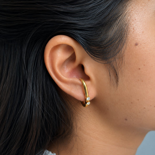 It Girl Earrings styled seamlessly for a clean modern look, highlighting the lightweight and anti-tarnish suspender fit popular in India.