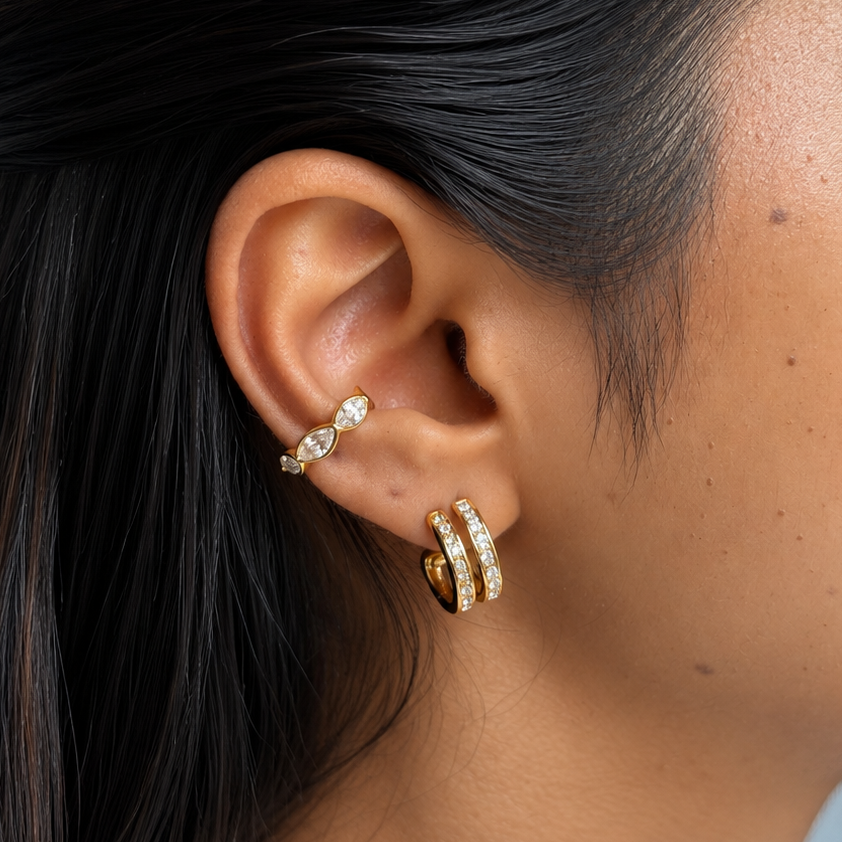 Luma Sparkle Hoops styled with a crystal cuff to showcase the anti-tarnish split-hoop illusion.