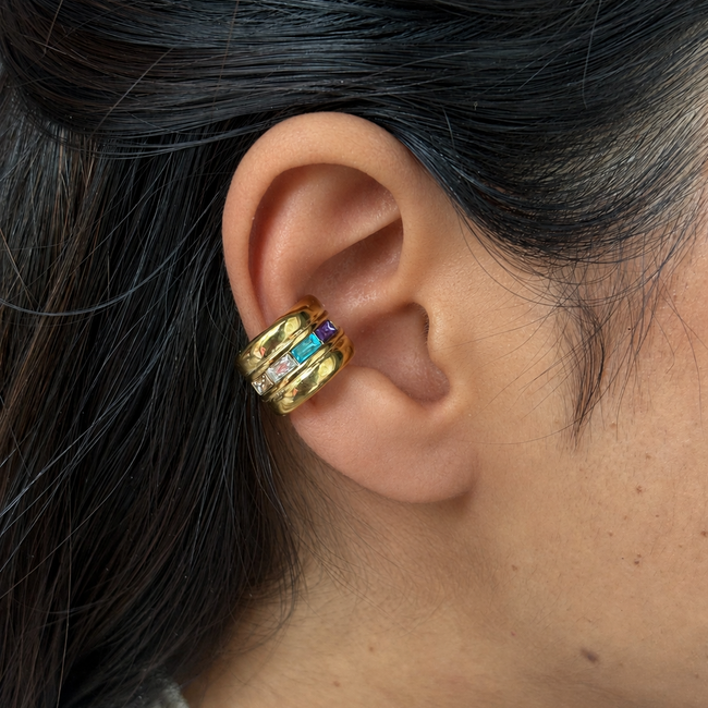 Mystic Ear Cuff revealing the durable gold construction and elegant channel-set multi-colored stones designed for effortless everyday styling in India.