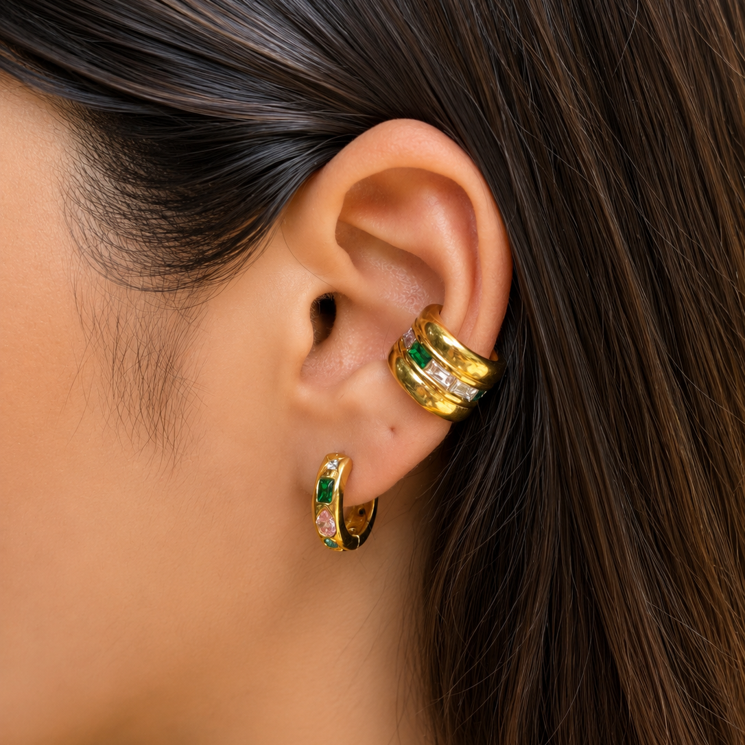Mystic Ear Cuff styled in a colorful stack, highlighting the comfortable anti-tarnish fit and piercing-free wrap design popular in India.
