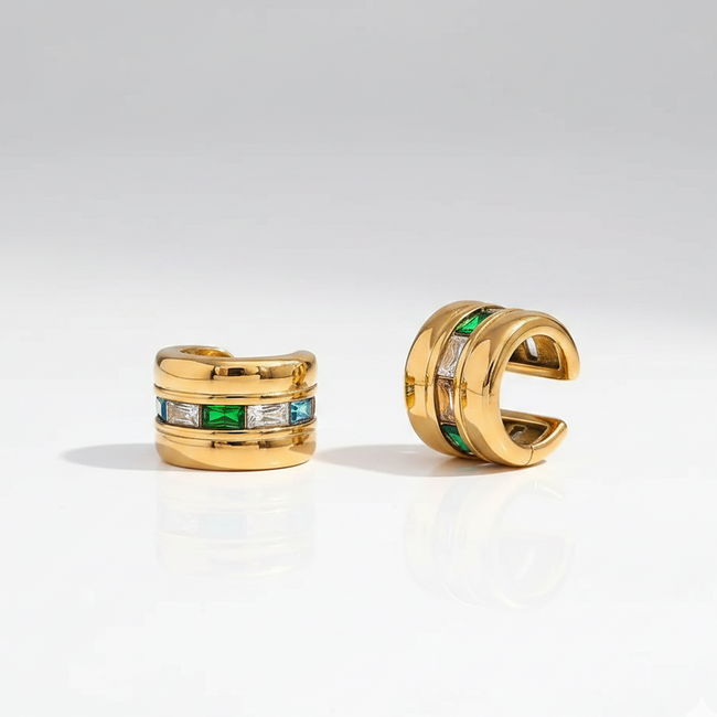Mystic Ear Cuff displaying a waterproof 18K gold-plated chunky design featuring multi-colored baguette crystals crafted for daily wear in India.