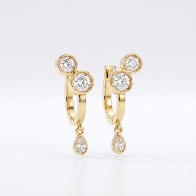 Office To Dinner Hoops featuring 18K gold bezel-set round crystals and a teardrop dangle.