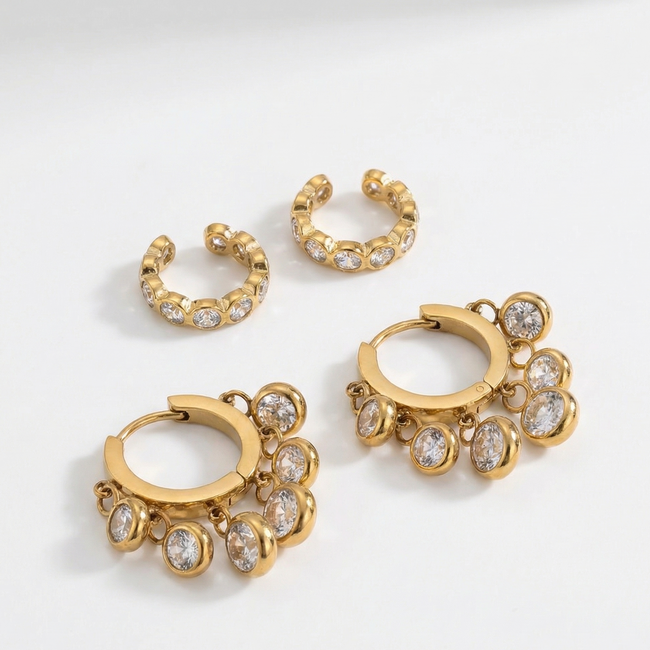Opulent Elegance Combo featuring crystal huggie earrings and Serene Ear Cuff in 18k gold plating