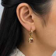 Pink Gem Hoops styled to showcase a dreamy elegant look, highlighting the lightweight and anti-tarnish drop design popular in India.