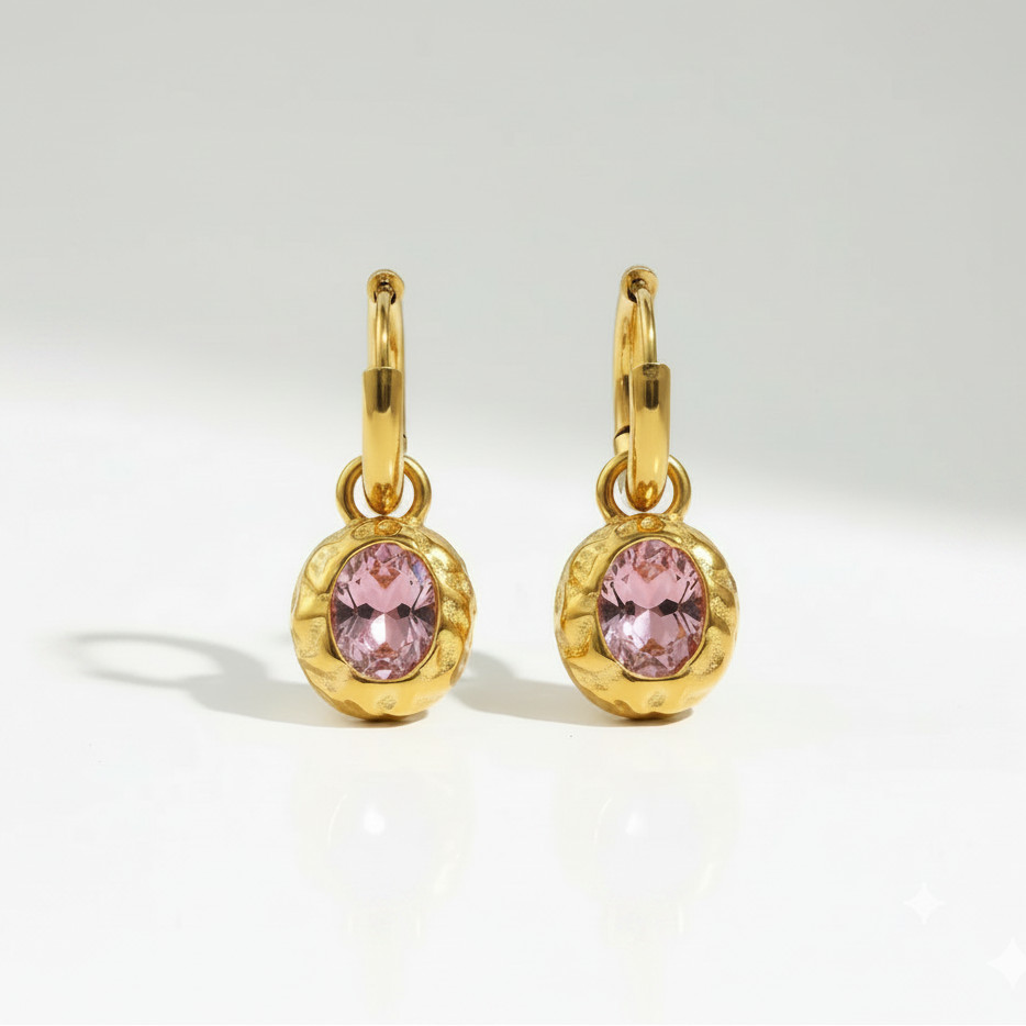 Pink Gem Hoops revealing the durable gold construction and textured detail surrounding a delicate pink gem designed for everyday styling in India.