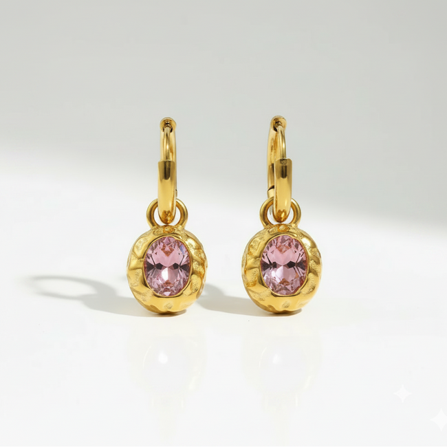 Pink Gem Hoops revealing the durable gold construction and textured detail surrounding a delicate pink gem designed for everyday styling in India.