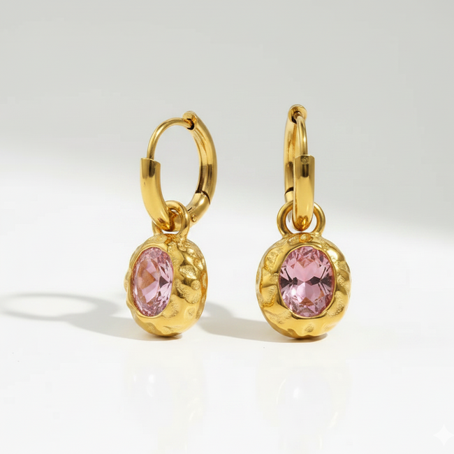 Pink Gem Hoops displaying a waterproof 18K gold-plated hammered setting with a vibrant pink stone crafted for all-day wear in India.