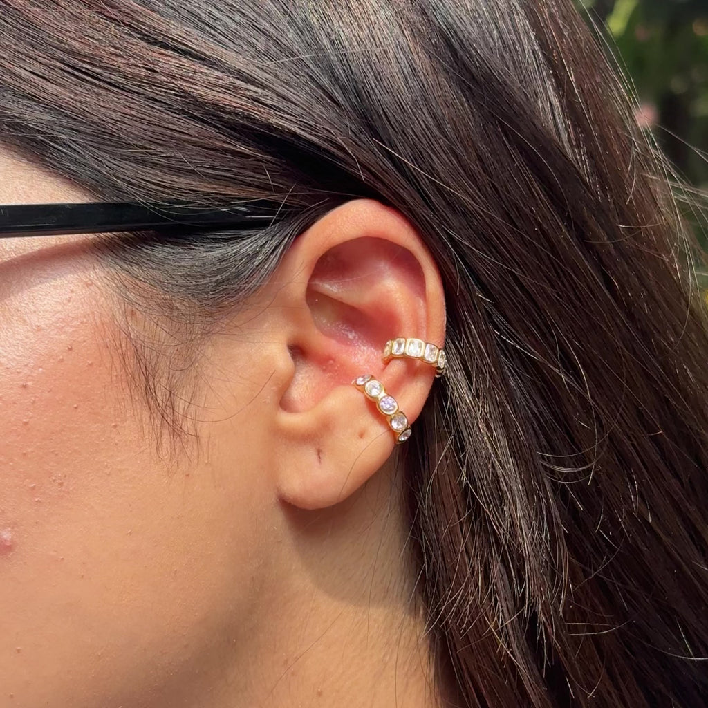 Blair ear cuff on model ear – anti-tarnish gold ear cuff close-up India