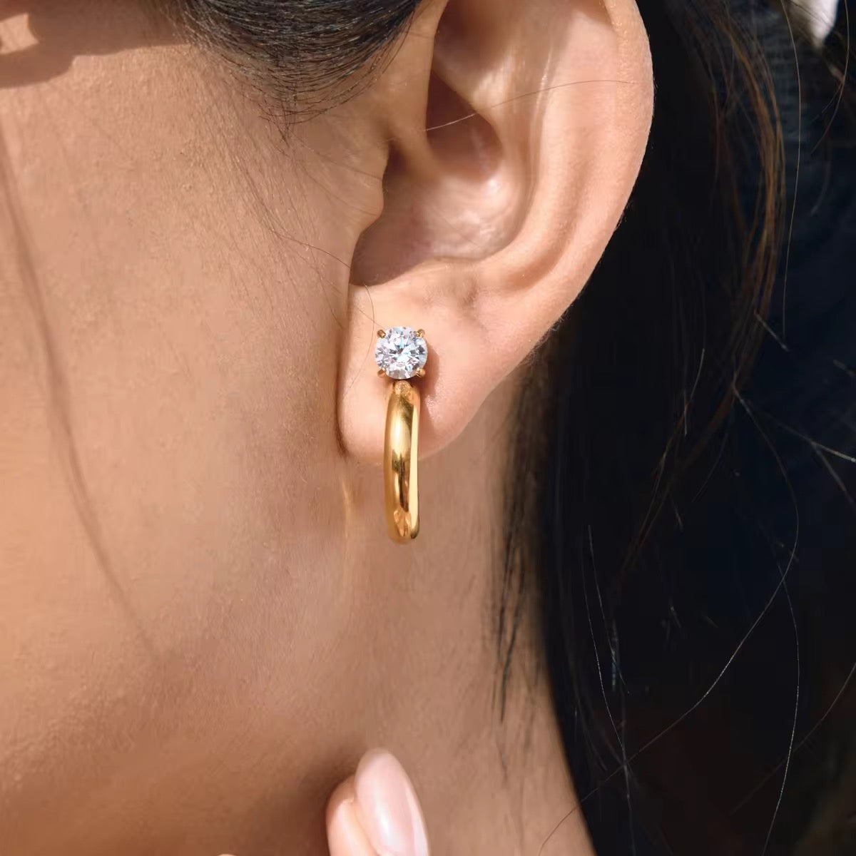 Riva earrings on model – gold-plated minimal stud earrings women India