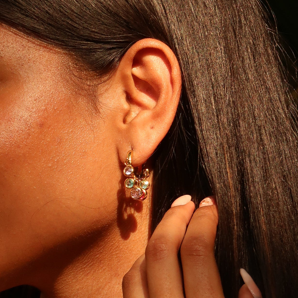 Royal Exotic Huggies multicolour – coloured stone gold huggie earrings product shot India
