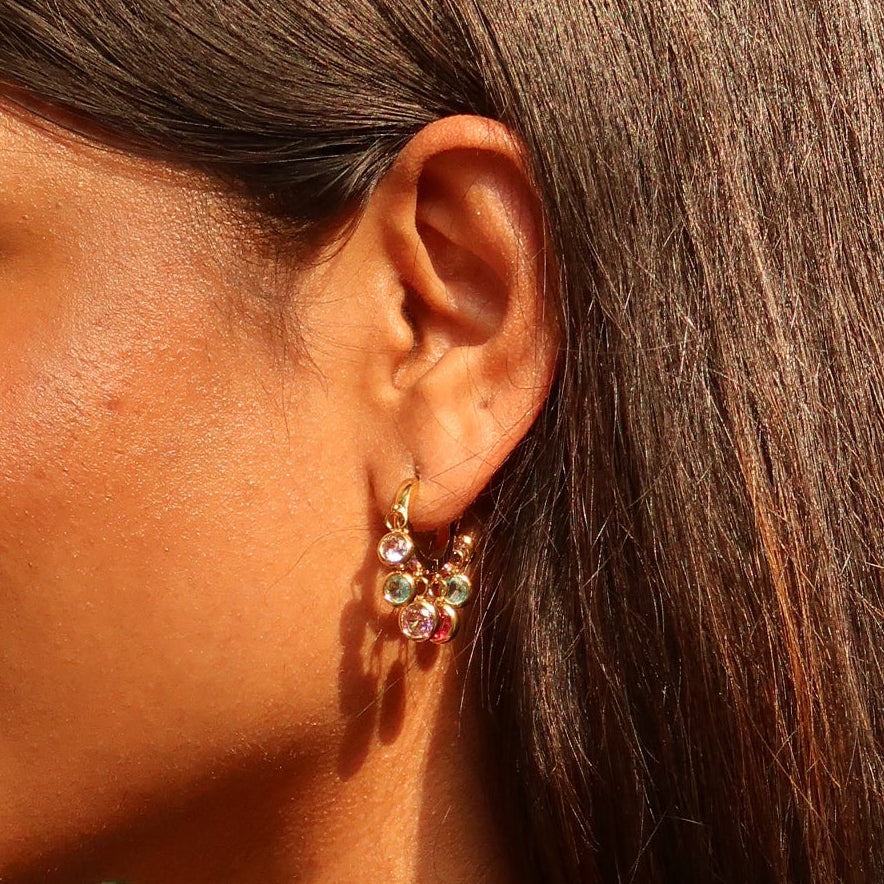 Royal Exotic Huggies multicolour styled on ear – festive gold earrings for women India
