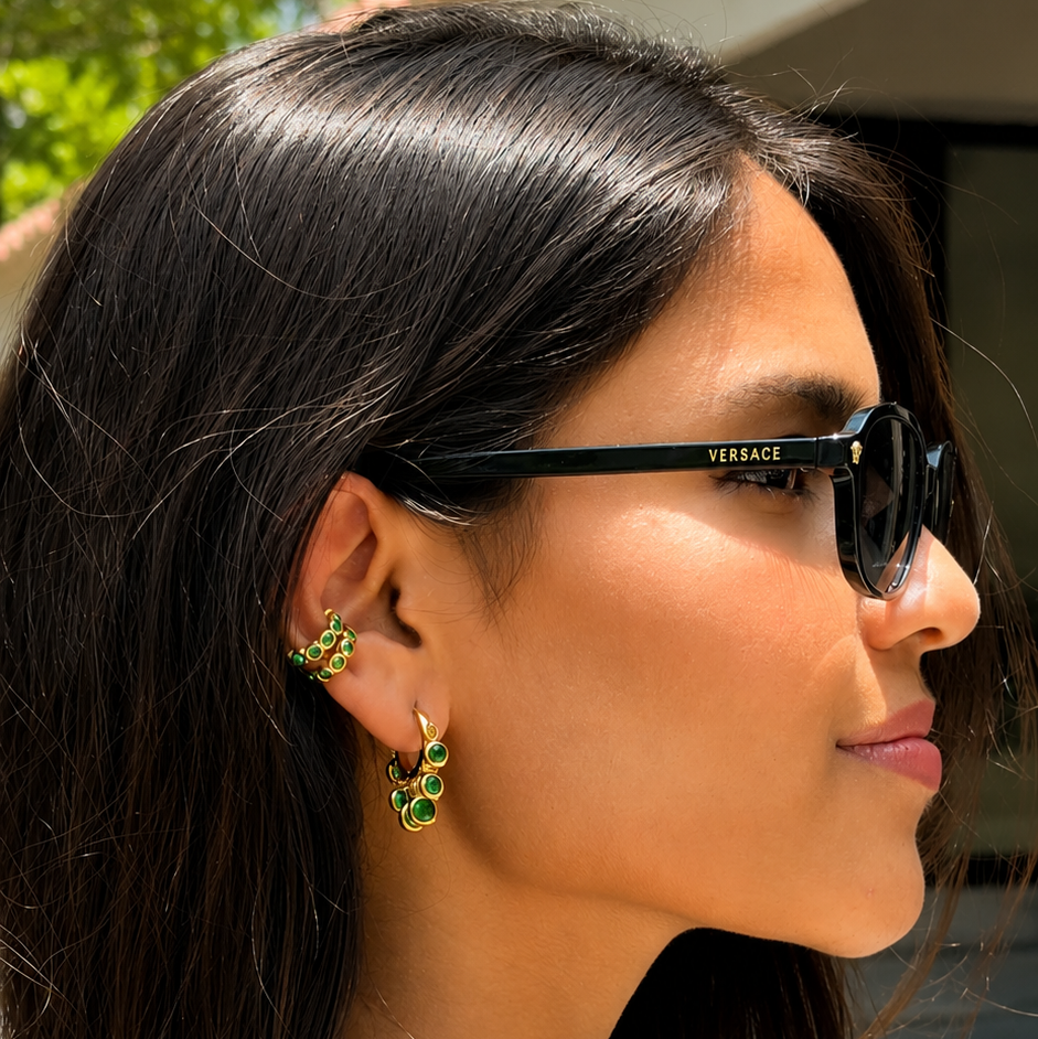 Serene Ear Cuff with green stones styled with matching gold earrings