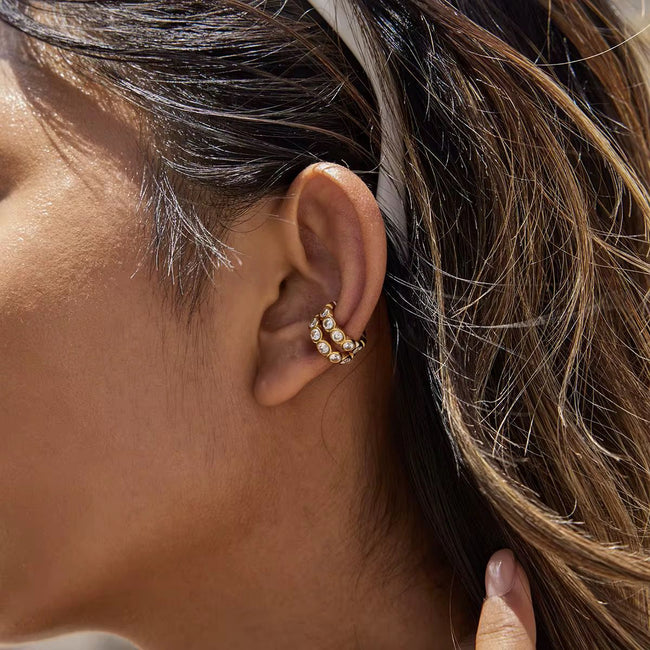 Serene ear cuff – model wearing gold-plated ear cuff on ear lifestyle India