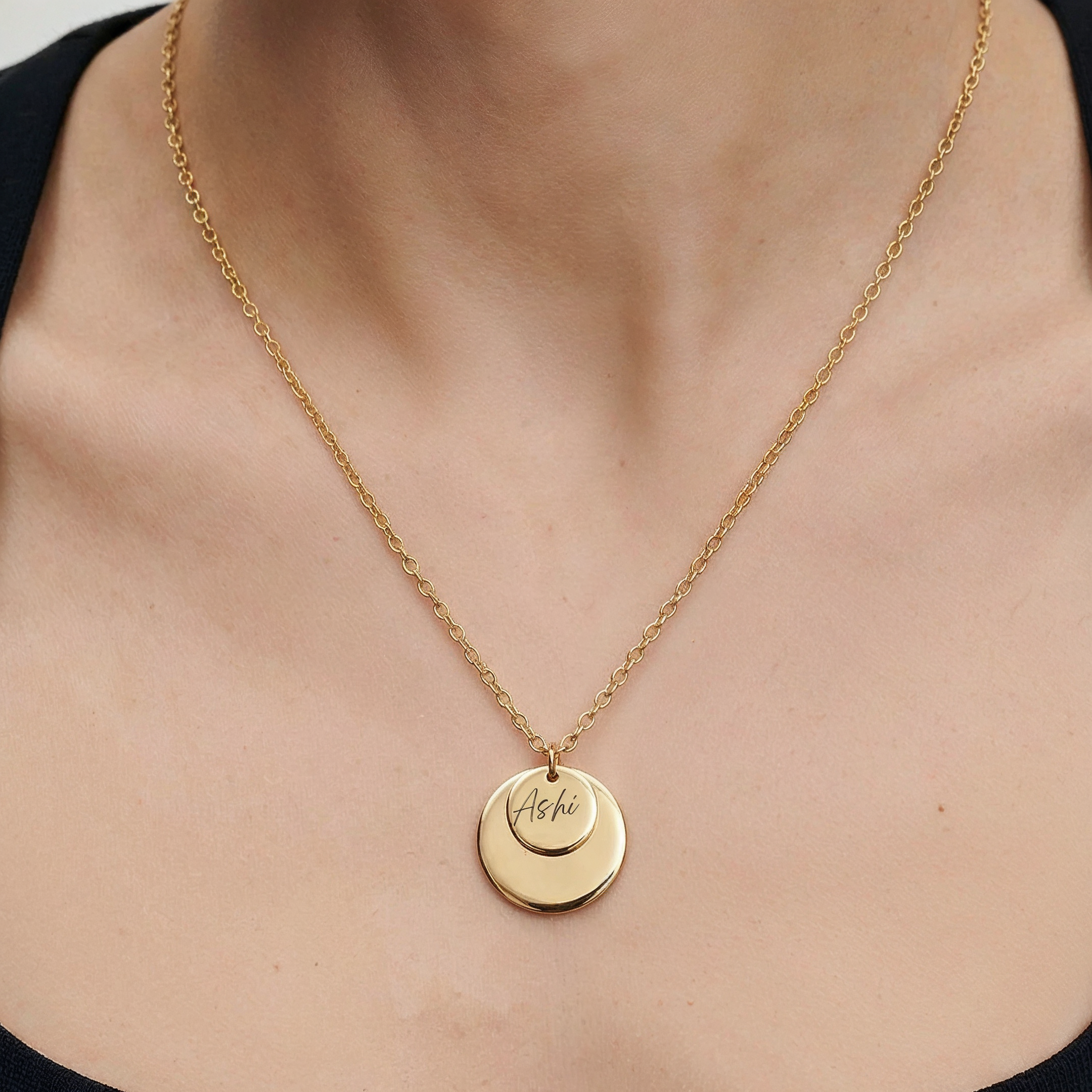Personalised engraved gold circle pendant necklace – Serenity Circlets custom jewellery India
